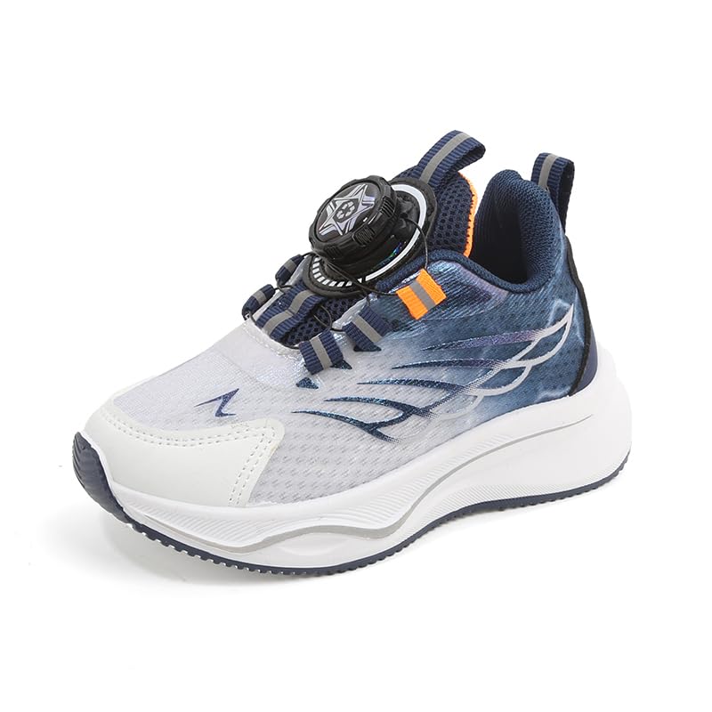 Kids Athletic Running Shoes with Quick-Lock Dial, Navy Blue and White, Mesh Upper, Platform Sole