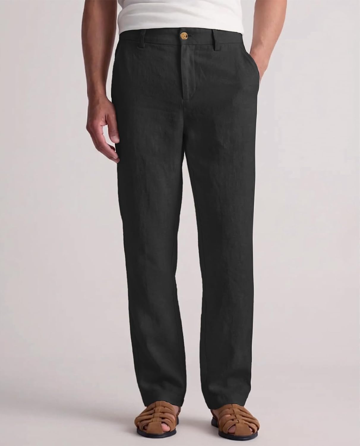 100% Linen Men Pants Zip Fly Hidden Internal Drawstring Mid Rise Straight Leg Beach Resort Pants