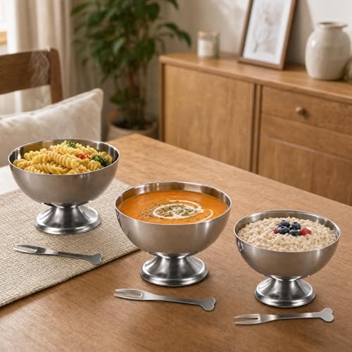 Image of DOITOOL Stainless Steel Dessert Cups, 3-Pack Ice Cream Bowls with Forks, 6.8 Oz Round Short-Footed Serving Cups, Hot Cold Food Container for Fruits Dish Salad Snack Yogurt Appetizer (Silver)