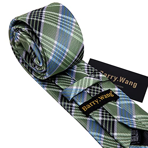 Image of Barry.Wang Plaid Ties for Men Silk Necktie Handkerchief Cuff Links Set