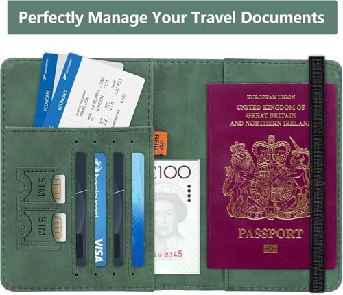 Image of PU Leather Passport Holder Travel Wallet Organiser for Men & Women | 4 Card Slots 2 SIM Slots Money Case | Travel Document Case Cover Passport Pouch Slim Unisex Gift - (Pack of 2) Green