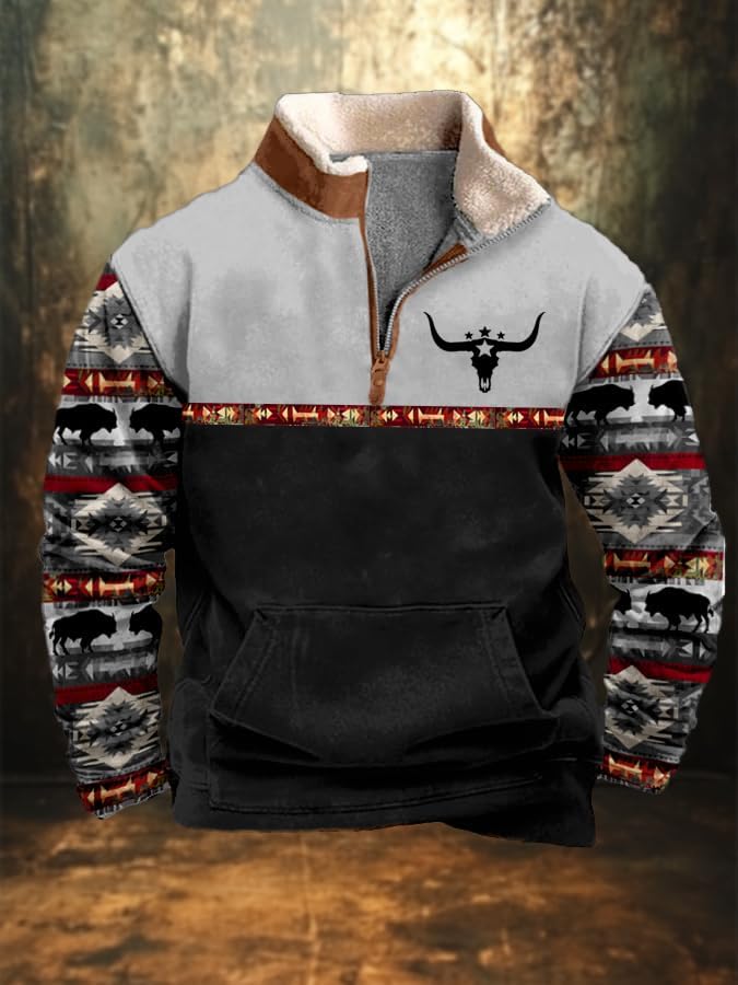 LOAIHA Hoodies for Men Aztec Jacket Long Sleeve 1/4 Zip Western Pullover Men Vintage Cowboy Sweatshirt Ethnic Country Jacket - Image 2