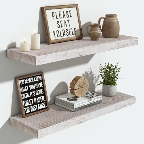 Image of Vivelove Elm Wood Floating Shelf 24x8 inch Set of 2, Weathered White