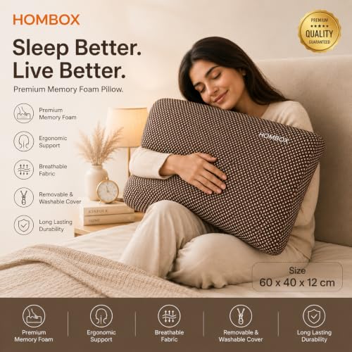 Image of HOMBOX Orthopaedic Memory Foam Pillow for Better Shoulder and Neck Support, 1 Piece (Queen Size, 22x16 inches, White /Grey Fabric Queen Size (Brown)