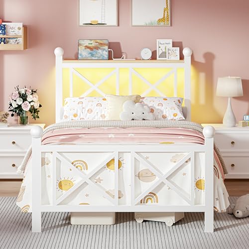 DynJest Twin White Bed Frame with Headboard and Footboard, Storage Shelf with LED Lights and Charging Station, Strong Metal Slats Support, No Box Spring Needed, Under Bed Storage, Easy Assembly