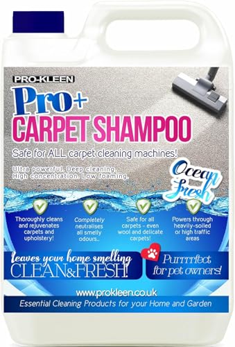 Pro-Kleen Pro+ Carpet Cleaner Shampoo 5L and Upholstery Cleaning Solution, Suitable for Homes with Pets, 4 in 1 Concentrate – Compatible with all Machines 5L (Ocean Fresh)
