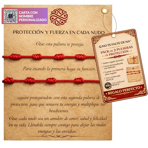 Q NO TE FALTE DE NA®️ 2 Pulseras Rojas de Protección | Pack con Tarjeta y Sobre | Hilo Rojo Ajustable para Suerte y Buena Energía | Carta Personalizable con QR | Con Certificado REACH