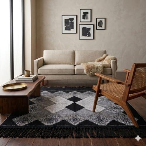 Image of Creative Hub Premium 4x6 ft Geometric Carpet - Solid Black Modern Living Room Rug