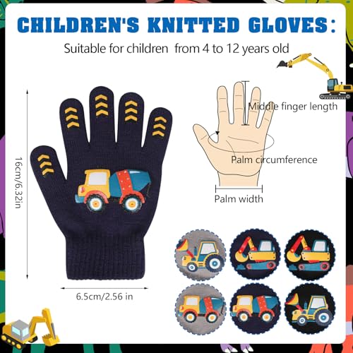 6 Pairs Children's Magic Gloves, Unisex Stretch Mittern Warm Knit Gloves Winter Thermal Glove Kid’s Full Fingers Glove Cold Weather Mitterns Excavator Pattern for Boys Girls 4-12 Years2