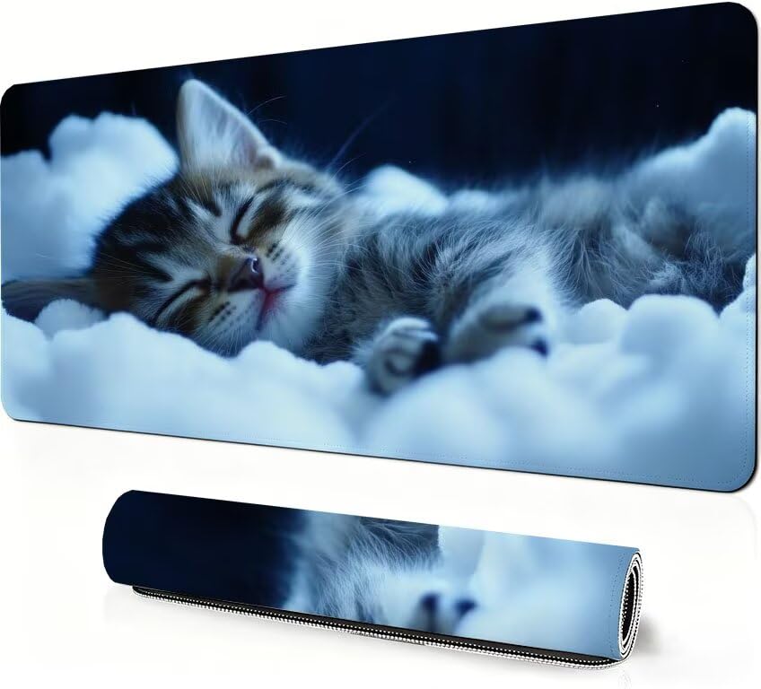 Tapis de souris XXL chat blanc 800x400x3mm antidérapant avec bords cousus