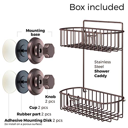 HASKO accessories Shower Caddy with Suction Cups | 304 Stainless Steel | Adhesive 3M Stick Discs | 2 Tier Basket for Bathroom and Kitchen Storage (Bronze) - Thumbnail 2