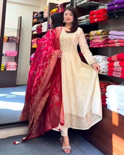 Image of by Pink Anarkali Flared Kurti Pant Dupatta Suit Set.