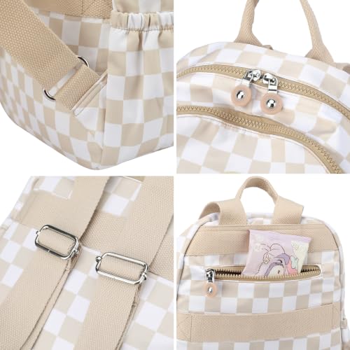 Image of Tanweibago Mini Nylon Women Backpacks,11L Small Ladies backpacks Casual Lightweight Women Shopping Travel Daypack (Checkered Beige)