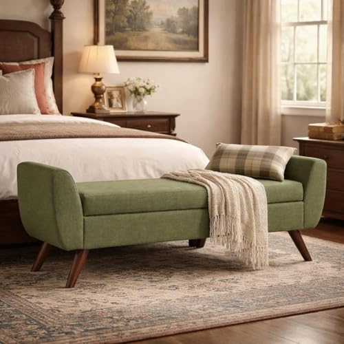 Image of HomePop 60 inch Modern Storage Bench with Wood Legs - Olive Green Woven