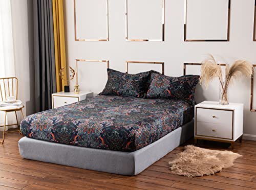 Softta Vintage Paisley Bedding Sets 4Pcs Deep Pocket Bed Sheet Set Queen Size Rustic Damask Black Flat Sheet+Fitted Sheet+2 Pillowcase Shabby Floral 100% Brushed Cotton Boho Bedding Collections thumb #2