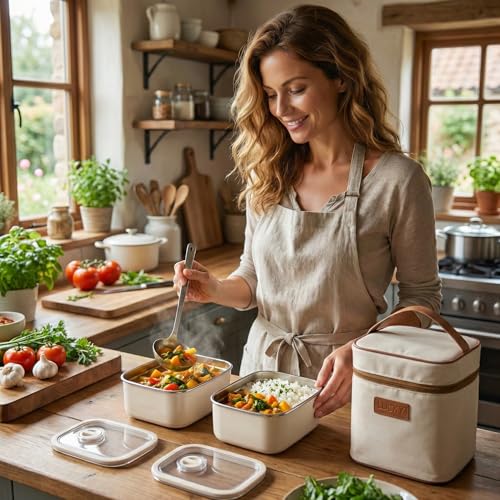 Image of YELONA Stainless Steel Bento Lunch Box Set with Insulated Bag - Microwave & Dishwasher Safe Tiffin Box for Office & School, Leak-Proof Meal Prep Containers - 1200ml (2 x 600ml), Beige