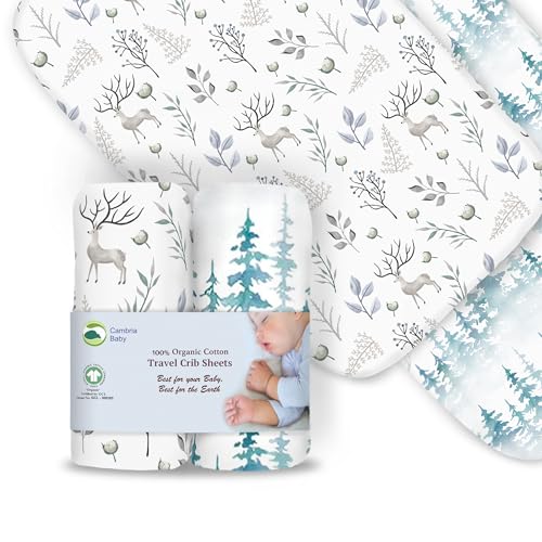 Image of 100% Organic Cotton Fitted Travel Crib/Playard Sheets for Guava Lotus, BabyBjorn, Dream on Me, Baby Joy and All Other 24" x 42" Pads/mattresses. Safety Strap Holes in Each Corner. 2 Pk, Deer & Forest