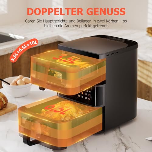 Heißluftfritteuse Doppelstapel mit Sichtfenster, Double Stack Kammern 10L Airfryer,10-in-1 Voreingestellten Programmen, Touchscreen, Intelligente und Timer, Energiesparend, Friteuse ohne Öl, Schwarz - 0