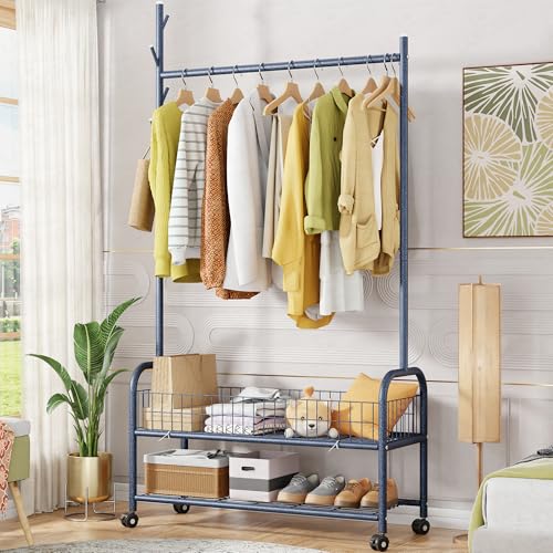 Image of Lukzer | MGR-002 | Deep Sea | Metal Cloth Stand & Garment Rack with Wheels, 2 Bottom Shelves & Single Rod - Space-Saving Clothes Organizer for Bedroom, Bathroom, Office & More | 173 x 90 x 34 cm