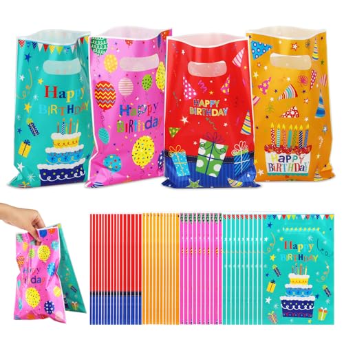 TDUNSYA 50 peças malas doces para crianças, malas presente carros de aniversário infantil para festa, sacos de festa de plástico para lembrança de festa, aniversário, comunhão, batismo (25 x 16,5 cm)
