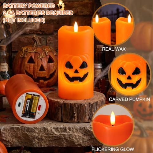 Image of Halloween Pumpkin Flameless Pillar Candles with 6H Timer, 2PCS