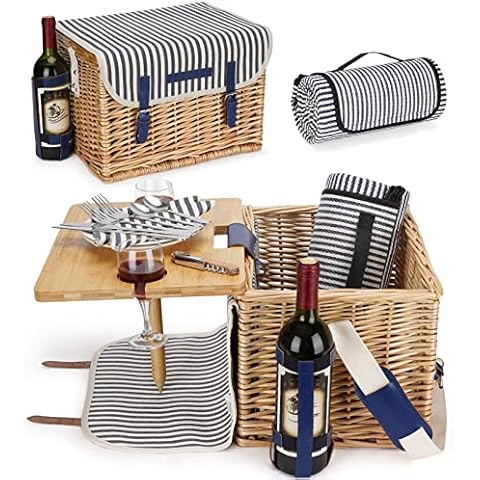 Wicker Picnic Basket for 2 Person Picnic Set, Wicker Basket Service Gift Set with Removable Bamboo Wine Table for Camping and Outdoor Party Cover