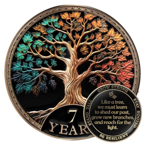 Image of MilestoneMint 7 Year Sobriety Coin, Tree of Life, AA Coins and Medallions | Sobriety Gifts for Men and Women | 3D Texture with Token Acrylic Capsule, Stand, Cards & Velvet Pouch | Recovery Sober Coin
