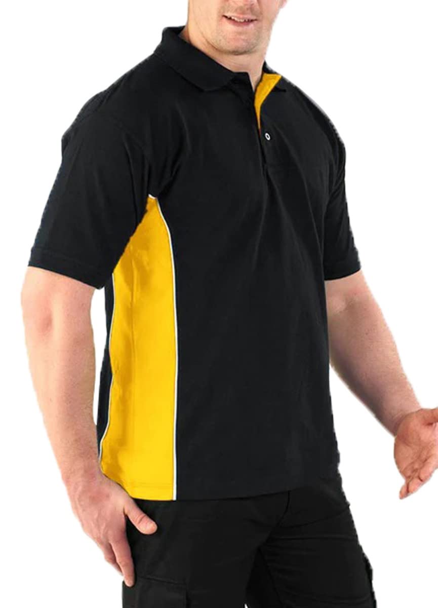 True Face Mens Polo Shirt Plain Tshirt Short Sleeve Summer Work Pique T Shirt Workwear Adult Tee Classic Casual PK Short Sleeve Top Black - Yellow XL