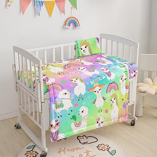 Image of Rainbow Alpaca Printed Nursery Crib Bedding Set, 3pcs with Comforter, Crib Sheet & Crib Skirt for Baby Boys and Girls