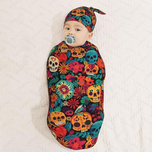 Image of Big Skulls and Flowers Newborn Swaddle Blanket with Beanie Set Soft Baby Sack Stretch Adjustable Swaddle Wraps Receiving Blankets