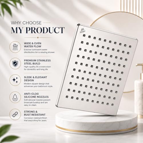 Image of Maipo Elegant 12 Inch Square Stainless Steel Rain Shower Head|Overhead Shower|Universal Bathroom Shower Head|Chrome Finish, Anti-Clog Silicone Nozzles