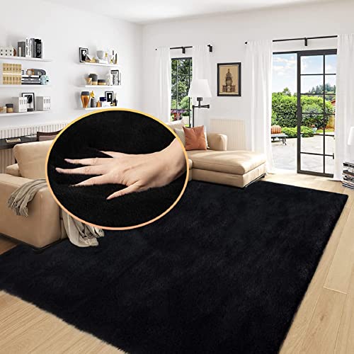 Black Washable Area Rugs 6x9 Rugs for Living Room Faux Rabbit Fuzzy Fur Rug for Bedroom Nursery Rugs Room Décor