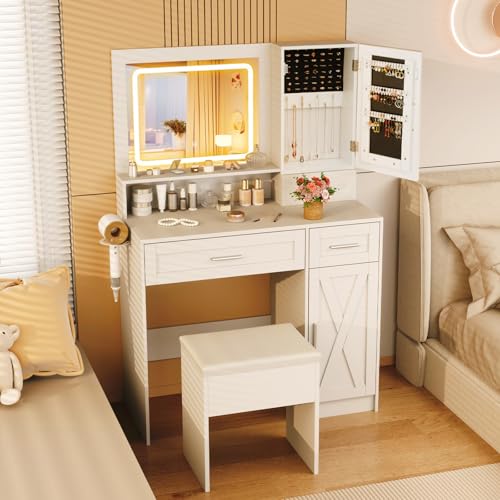 CHARMAID Vanity Desk with Mirror and Lights, Jewelry Storage Cabinet, Farmhouse White Makeup Vanity Desk with Charging Station, 3 Drawers, 3 Lighting Modes, Bedroom Vanity Dressing Table with Stool