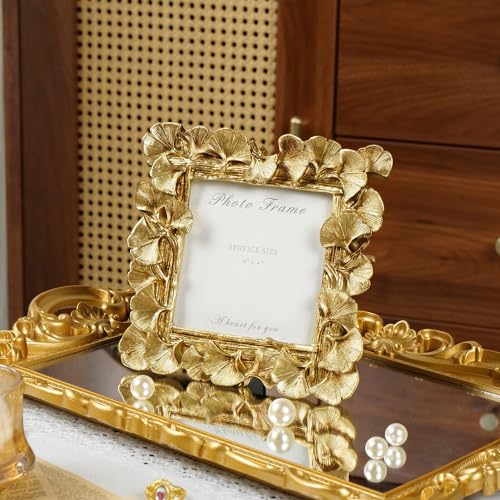 4x4 Picture Frame Small Gold Frames, Vintage Ornate Leaf Textured Hand-Crafted Resin with Glass Front, Antique Photo Frame for Tabletop Display, Retro Design Home Decor