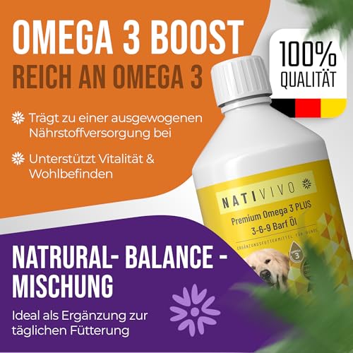NatiVivo Premium Omega 3-6-9 Hunde Barföl 500ml Omega 3 Boost Fischöl mit Hanfsamenöl 100% natürlich Hochwertige Ergänzung für Barf & Trockenfutter Made in Germany