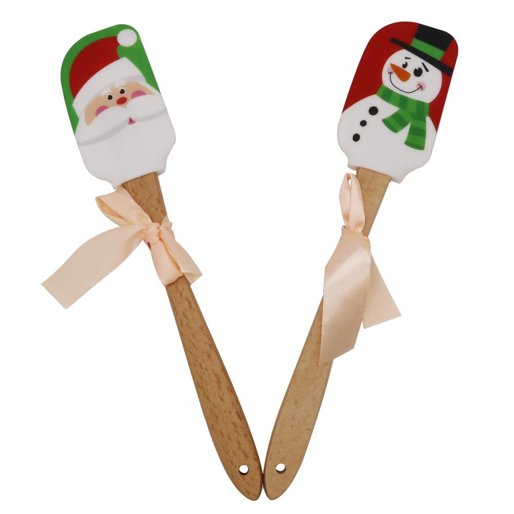 BOYAN Christmas Silicone Spatula, Set of 2, Santa Spatula & Snow Man Spatula/Mixing Batter Scraper/Cream Butter Spatula with Wooden Handle, Great for Christmas Decorating, Gifts and Baking
