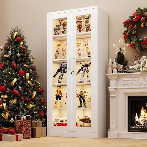 PEUKC Display Cabinet with Glass Doors, 71 Inches Metal Display Case with 4 Adjustable Shelves, Curio Storage Cabinet with Lock for Home, Office, Book, Pantry, Assemble Required (White)