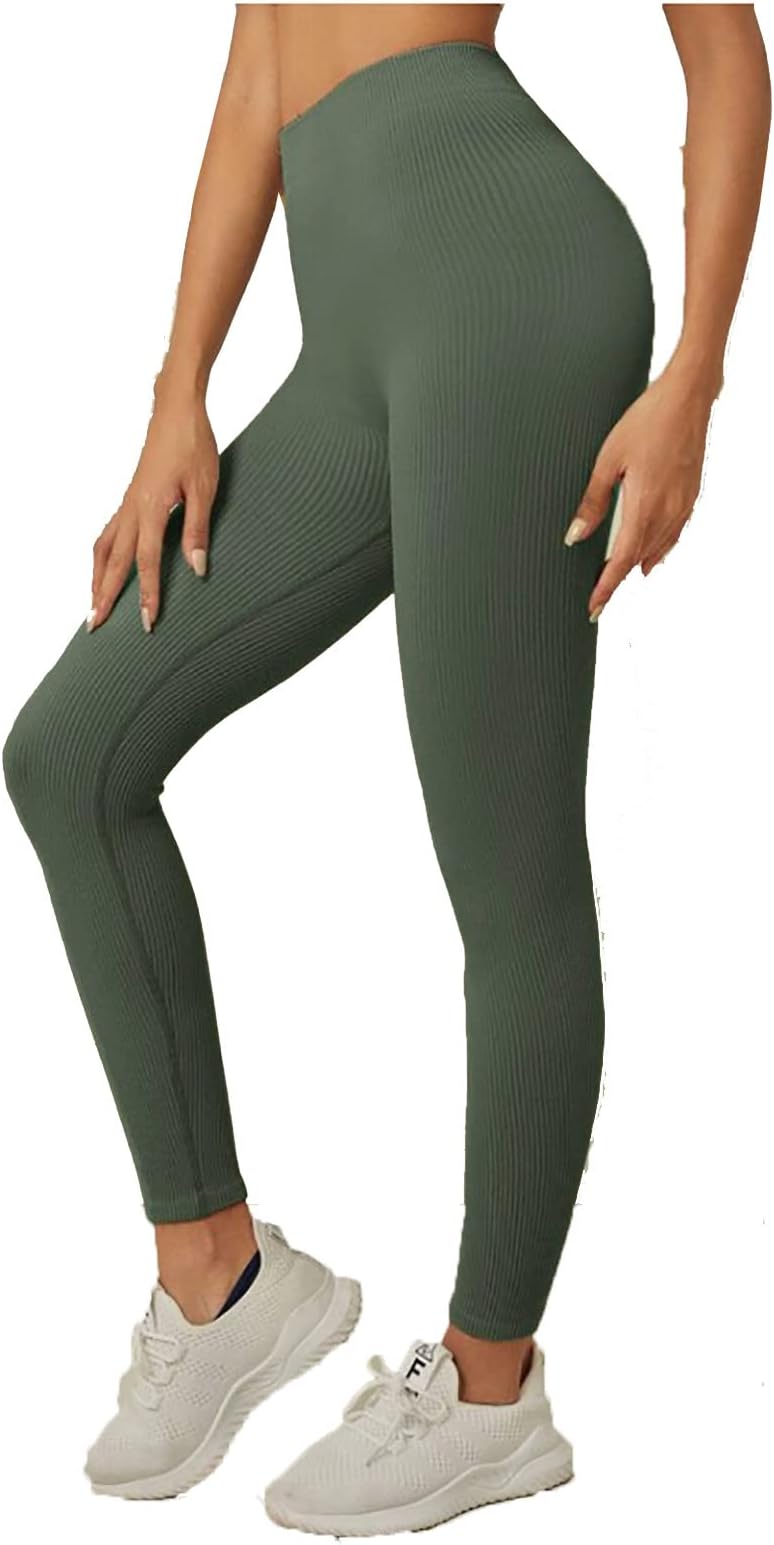 Womens Seamless Solid Rib-Knit Active Bottoms Sports Stretchy Legging