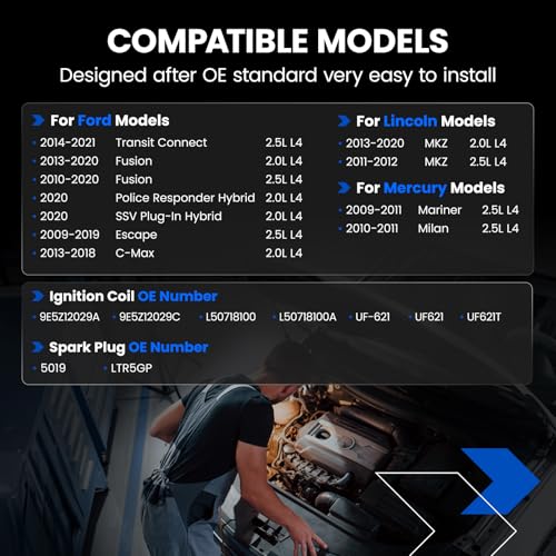 Image of 4 Ignition Coils Pack+4 Spark Plug Kit - Fix Misfires for Ford Escape /Fusion /Transit Connect /C-Max & Lincoln MKZ & Mercury Mariner /Milan (2.0L /2.5L L4) - Repl. UF621 /9E5Z12029A /5019