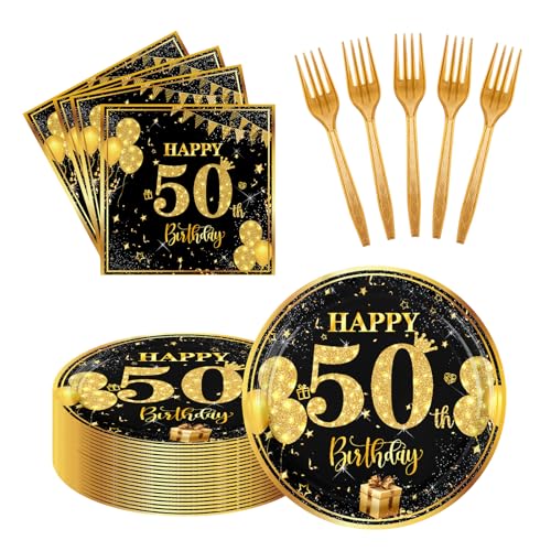 LDFDRT 50th 7 inch Birthday Party Paper Plates and Napkins Forks 60 pcs Black Gold Decorations for Boys Girls Tableware Set for Birthday Anniversary Party Supplies Serve 20