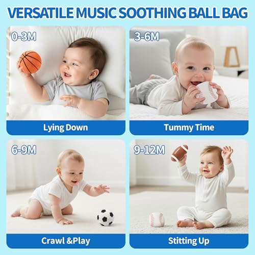 Baby Boy Toys 6-12 Months – My First Sports Bag Musical Infant Toys | 4 Sensory Balls – Basketball, Football, Baseball, Soccer – Rattle, Squeaker, Mirror for 0-3-6-9-12 Month Old Baby Boy Gifts - image 6