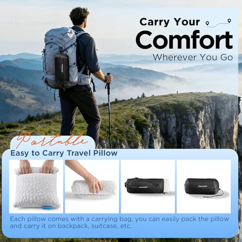 Image of Cooling Pillow Camping Size 1 Pack, Adjustable Bed Pillows for Sleeping, Small Shredded Memory Foam Pillow for Backpacking Hiking, Airplane, Medium Firm Camping Travel Pillow with Washable Cover