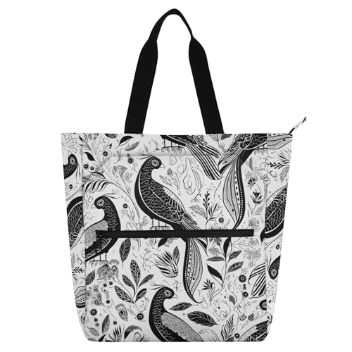 Decorative Kid Tote Bag for Kids Adults, Black White Peacock Lightweight Library Book Tote Shopping Bag with Zipper Handles for College Shopping Beach Rainbow mochilas para lectores