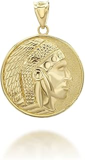 14K Yellow, White, or Rose Gold Round Native American Apache Indian Chief Head Coin Medal Pendant - Choice of Metal
