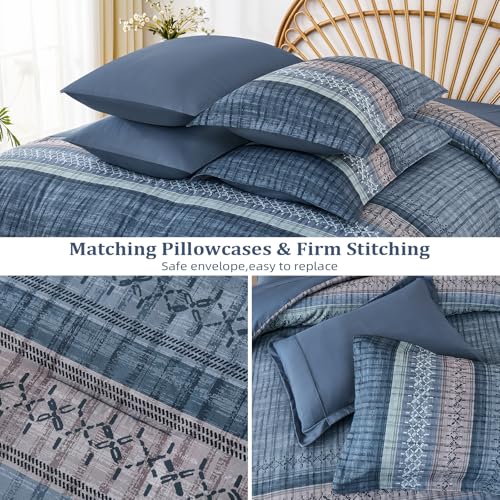 Image of Dintszyayue Blue Comforter Set King Size, 8 Pieces Boho Striped Bed in a Bag Soft Microfiber Bedding Set for All Season