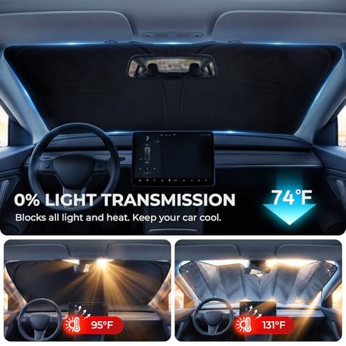 Image of [2026 Upgraded] DooGooCoo Windshield Sun Shade for Tesla Model Y & Model 3 2017-2026 [Cooling Ice-Crystal, 100% Sun Block] Sunshade for Car Windshield for Tesla Model 3 Sunshade Model Y Sunshade.