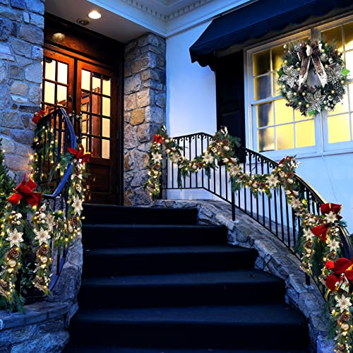 Gold Pre-lit Christmas Garland with Lights, 6 FT Lighted Xmas Garland with Golden Brown Bow-Knot Ball Decorations, Window Front Porch Door Fireplace Mantle Banister Decorations