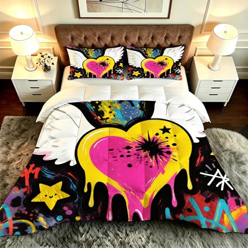 ZZXHG Nórdico Ligero | A Color Graffiti Estampados, Edredón Alternativo al Plumón, Reversible y Confortable, con 2 Fundas de Almohada, para Dormitorio Juvenil, 135x200 cm_A20324