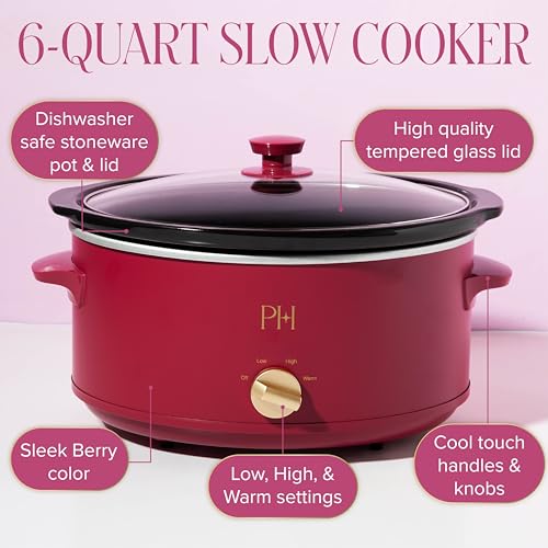 Image of Paris Hilton 6-Quart Manual Slow Cooker, Naturally Nonstick Stoneware Ceramic Insert, Three Settings (Low, High, Warm), Dishwasher Safe Family Size Slow Cooker, Berry