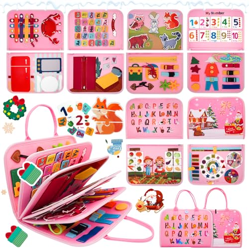 Image of MEGRANATE Montessori Busy Board, Baby Busy Book Educational Learning Toys for Toddlers Quiet Book Activity Books Buckle Toy Fine Motor Skills Toys for 1 2 3 4 5 Year Old Kids (Pink)